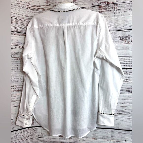 Romi Basha shirt womens one Size white leopard trim Button up Cotton casual top - Picture 4 of 12